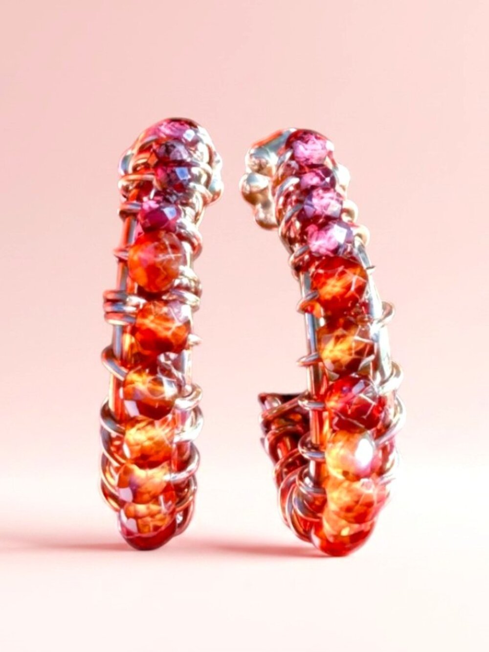 Pretty Handmade 14k Rose Gold Filled Hoops with 3 Garnets in Ombre Style